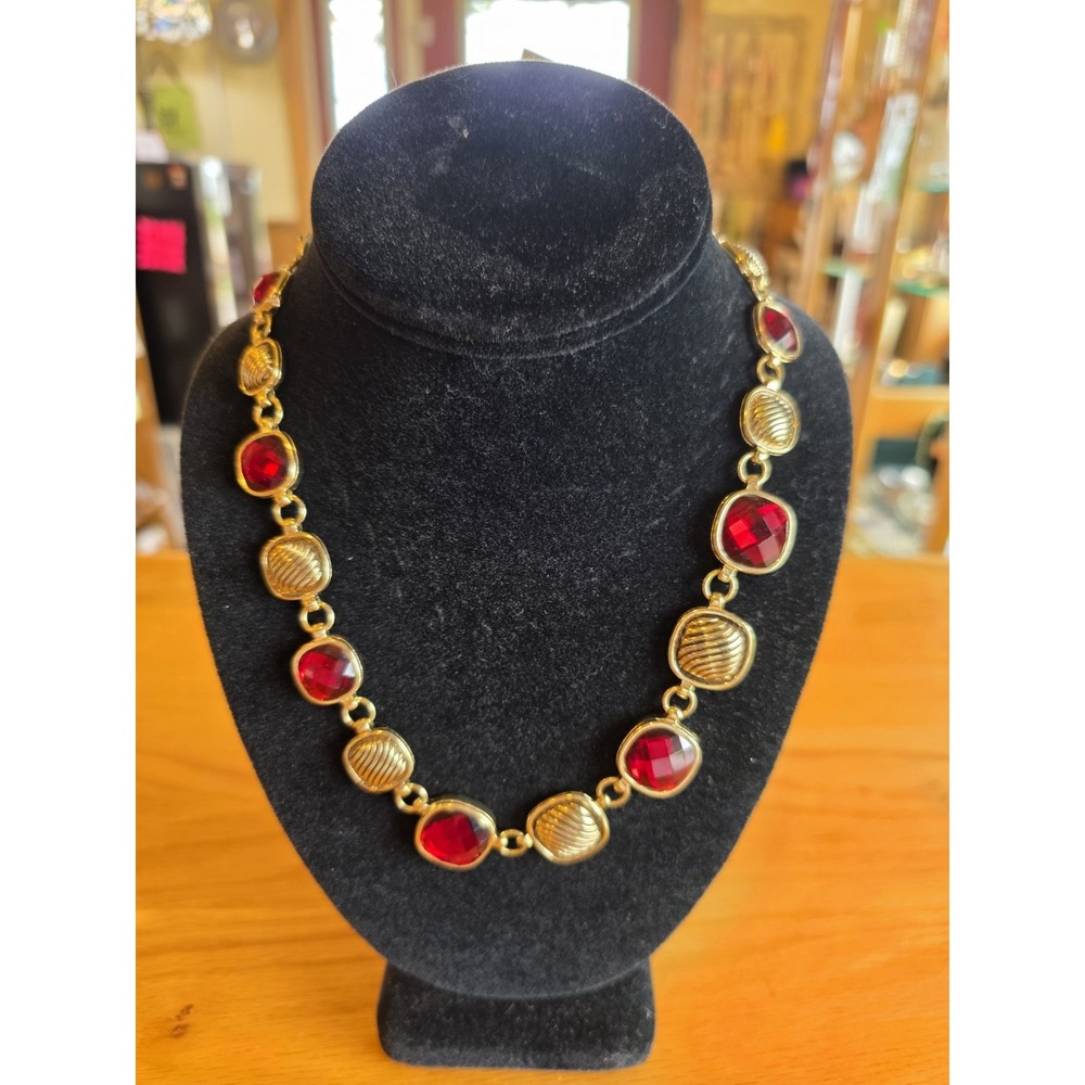 Napier Red Rhinestone and Gold Tone Adjustable Choker Necklace